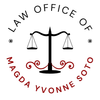 Logo for Law Office of Magda Yvonne Soto with scales of justice and red decorative accents
